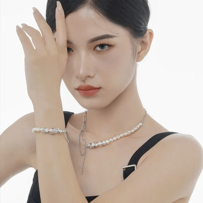 F.I.N.S Asymmetrical Chain S925 Sterling Silver Irregular Freshwater Pearl Link Chain Clavicle Necklace Statement Fine Jewelry