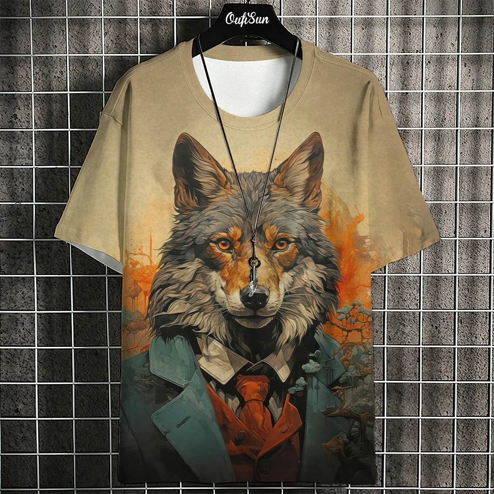 Trend Trend Street Style Short Sleeves Super Handsome Wolf Dog Cat Pattern Short Sleeves Japanese Shogunate Style Short Sleeves