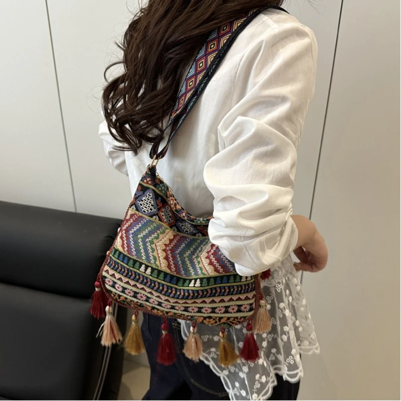 Bohemian Ethnic Pattern Tassel Crossbody Bag for Women,Wide Printed Shoulder Strap, Vintage Folk Style Shoulder Purse for Travel view 3
