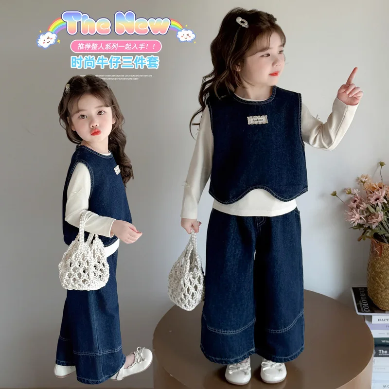 Girls' Denim Suit for Spring and Autumn2026New stylish and fashionable autumn three-piece casual outfit for baby girls