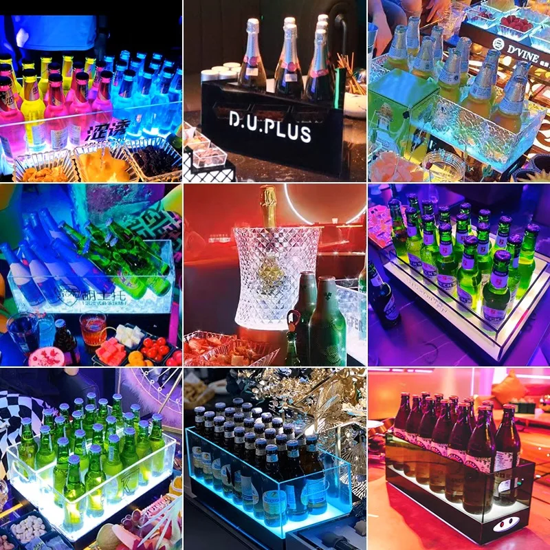 

Custom Logo Champagne Bottle Presenter Illuminated 12L Plastic LED Ice Bucket Beer Cooler Glorifier Wine Holder Tubs for Party