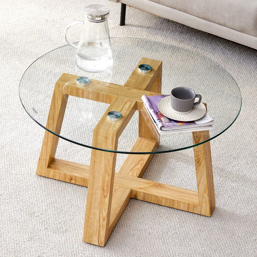 

Modern practical circular coffee tables. Made of transparent tempered glass tabletop and wood colored MDF material. Suitable fo