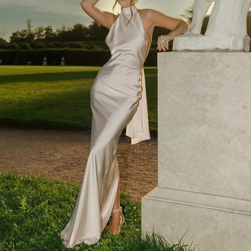 

New Trendy Woman Clothes Spring Sexy Solid Satin Slim Bodycon Long Dress Summer Halter Ribbon Backless Hollow Evening Dress