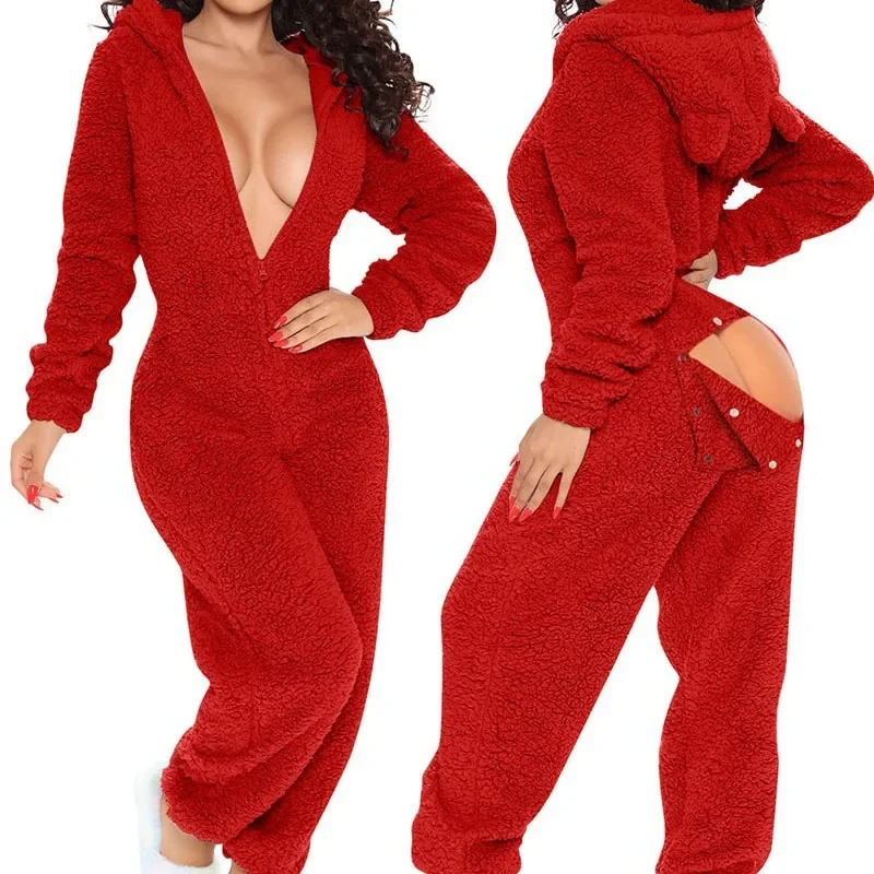 

Women 3D Ear Buttoned Flap Functional Fluffy Lounge Jumpsuit Romper Elegant Zipper Plush Onepieces Sleepwear Homewear