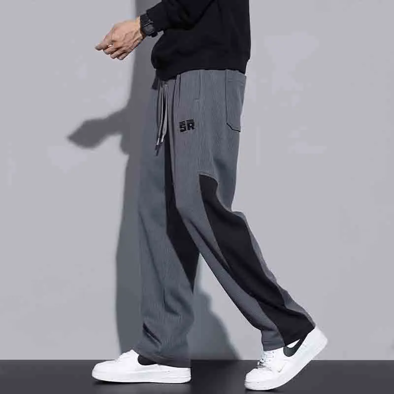 Autumn Casual American High Street Straight Casual Pants Men's Color Blocking Drawstring Patchwork Pockets Loose Sports Trousers