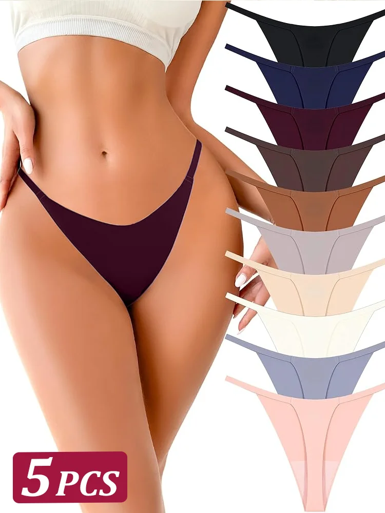 

5PCS/Set Seamless Thongs for Women Ics Silk Sexy Low Rise Panties Female Ultra Thin Breathable Underwear G-String T-Back Breifs