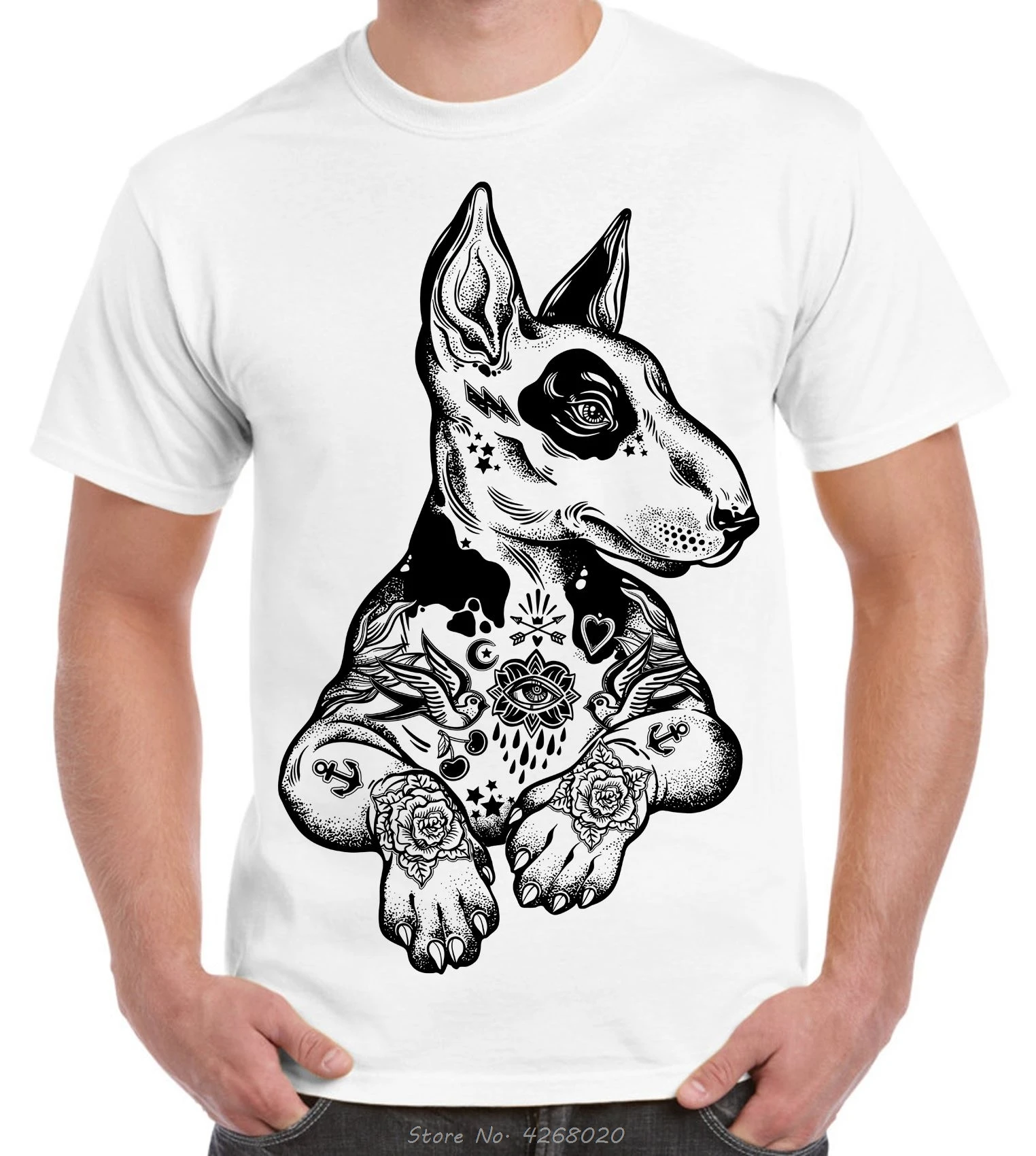 Pit Bull Terrier With Tattoos Hipster Large Print Men's T-Shirt Cool Casual Pride T Shirt Men Unisex Fashion Tshirt Harajuku tee