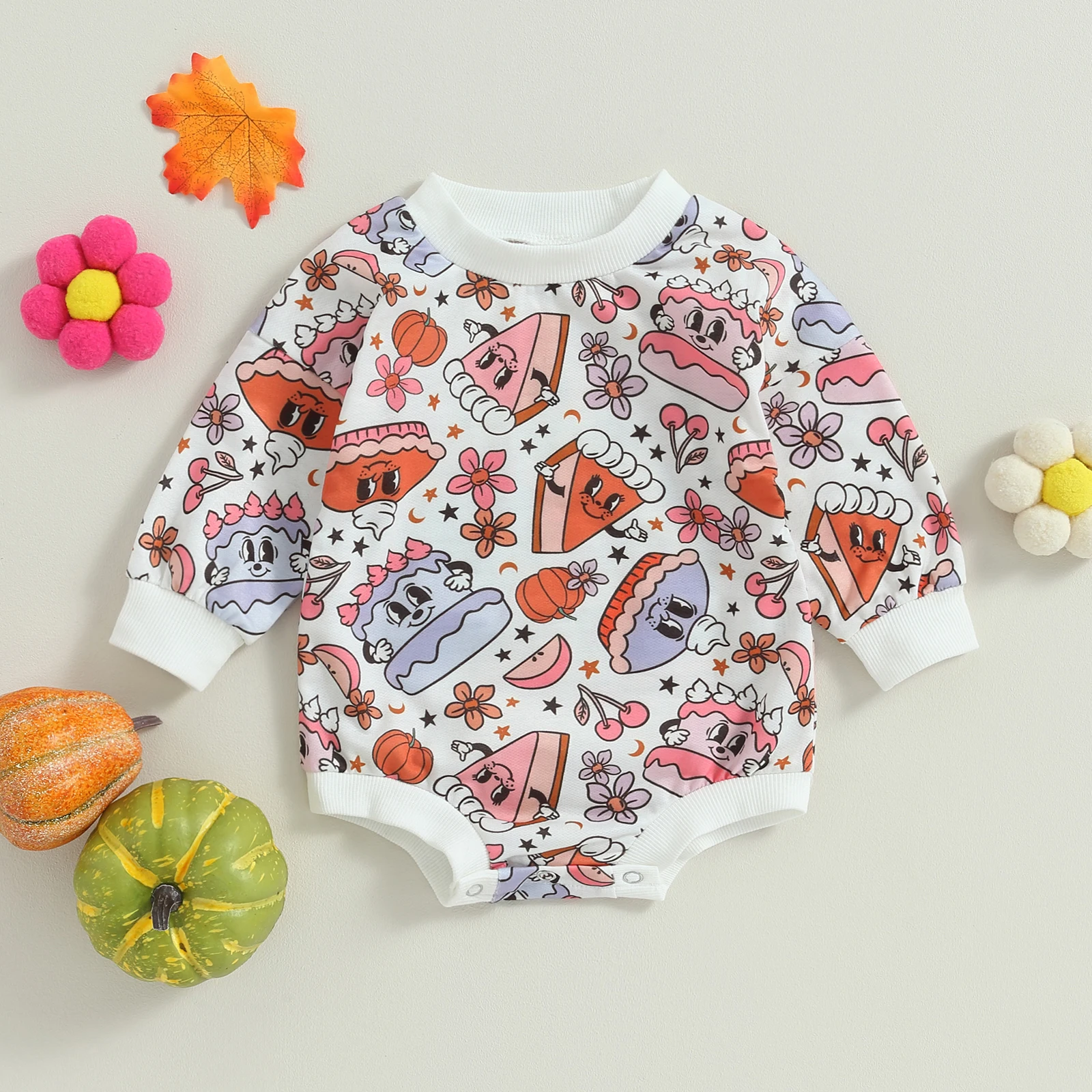 

BeQeuewll Baby Boys Girls Fall Romper Casual Long Sleeve Cute Pumpkin Pie Print Bodysuit Infant Outfit For 0-18 Months