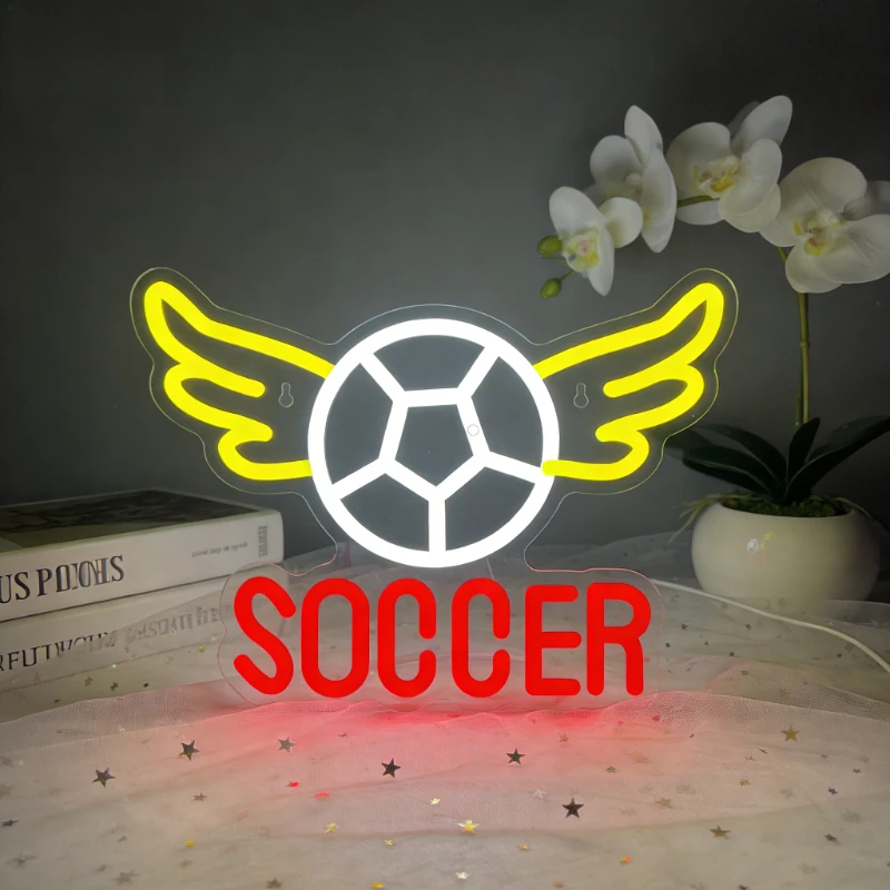 

Светодиодная неоновая вывеска в форме футбольного мяча с крыльями, USB, с регулируемой яркостью, для декора детской спальни, игровой комнаты, детского сада, школы, класса