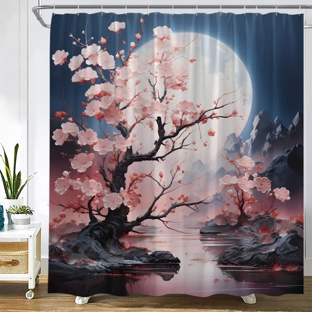 Japanese Landscape Shower Curtain Pink Flowers Tree Mountain Lake Pavilion Ink Art Bath Curtains Polyester Fabric Bathroom Decor