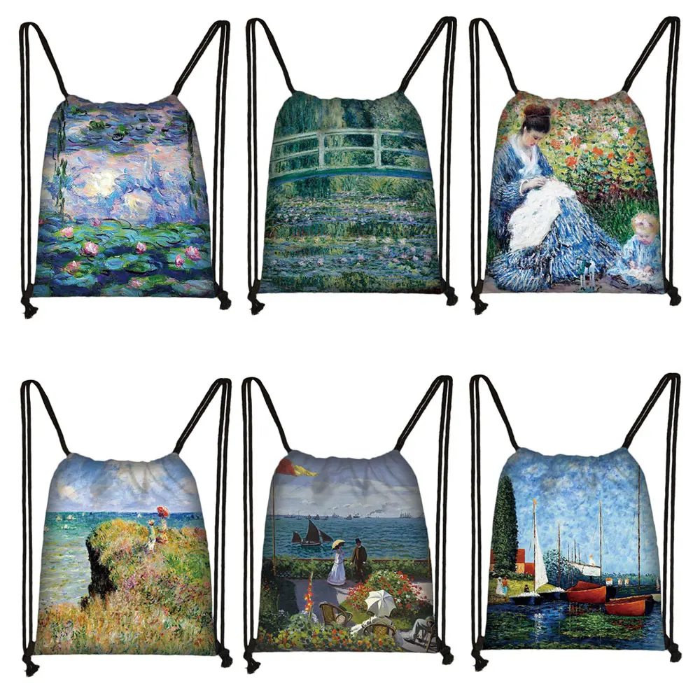 ภาพวาดที่มีชื่อเสียงลิลลี่น้ำกระเป๋าเป้สะพายหลังผู้หญิง Rucksack Claude Monet กระเป๋าสะพายผู้ชายกระเป๋าสำหรับ Sepatu Bepergian ผู้ถือ
