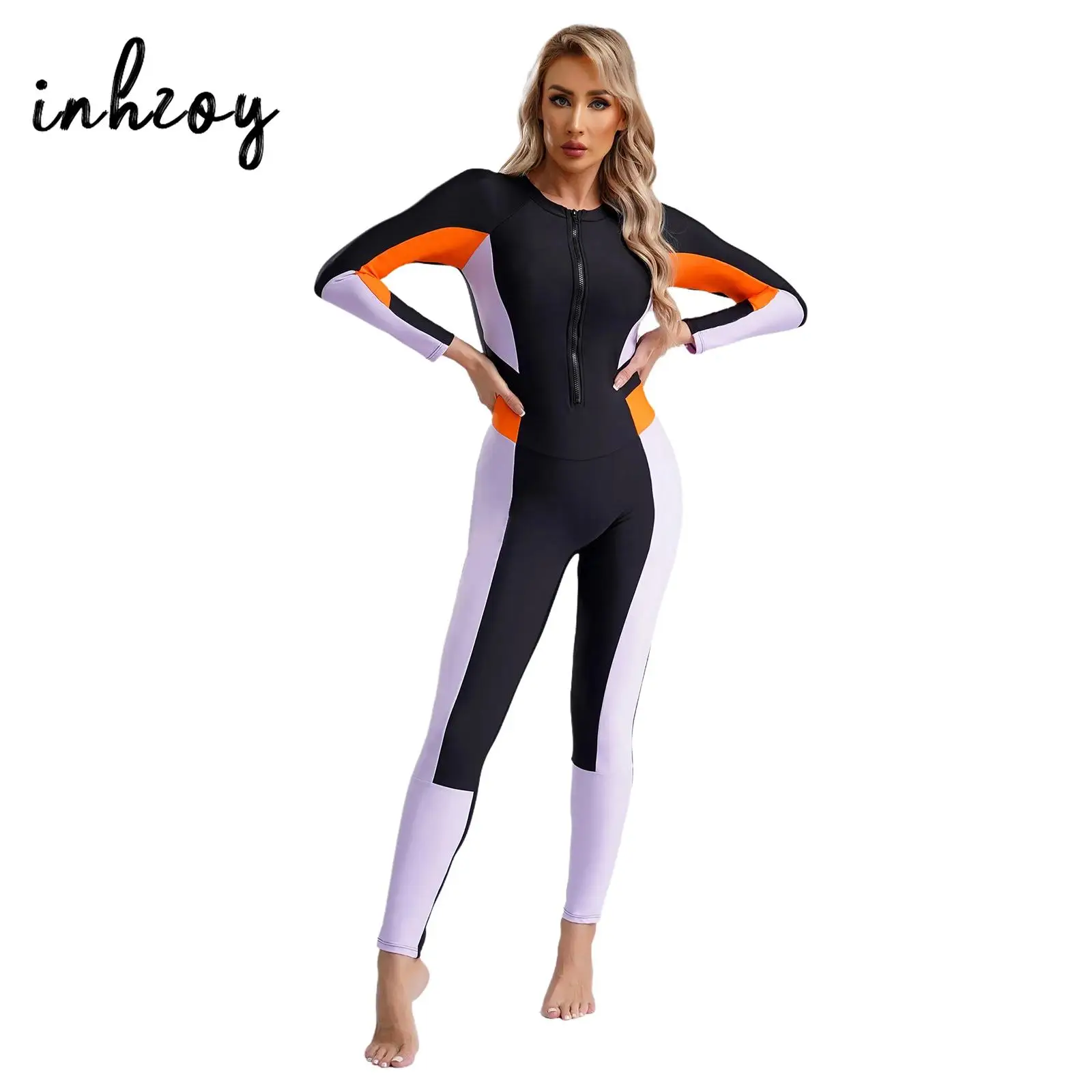 

Womens One-Piece Rash Guard Swimsuit Full Bodysuit Wetsuit UPF 50+ Surfing Diving Suit Long Sleeve Zipper Conservative Swimwear