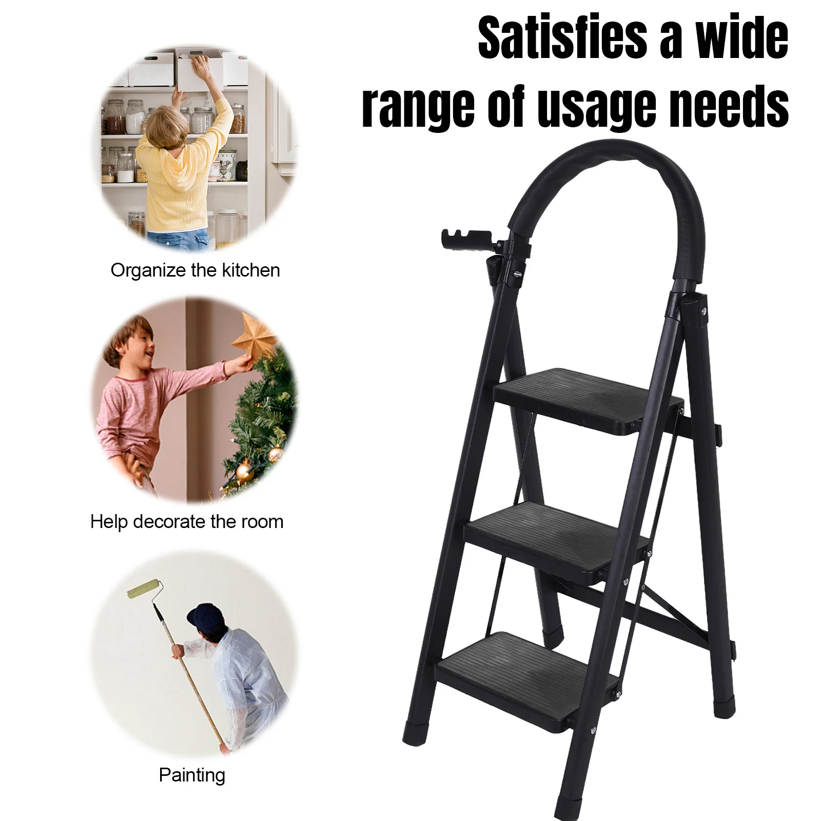 

3 Step Folding Ladder Sturdy Steel Ladder 300 Lbs Load Capacity Sturdy& Portable Stepping Stools for RV Attic Daily Use at Home