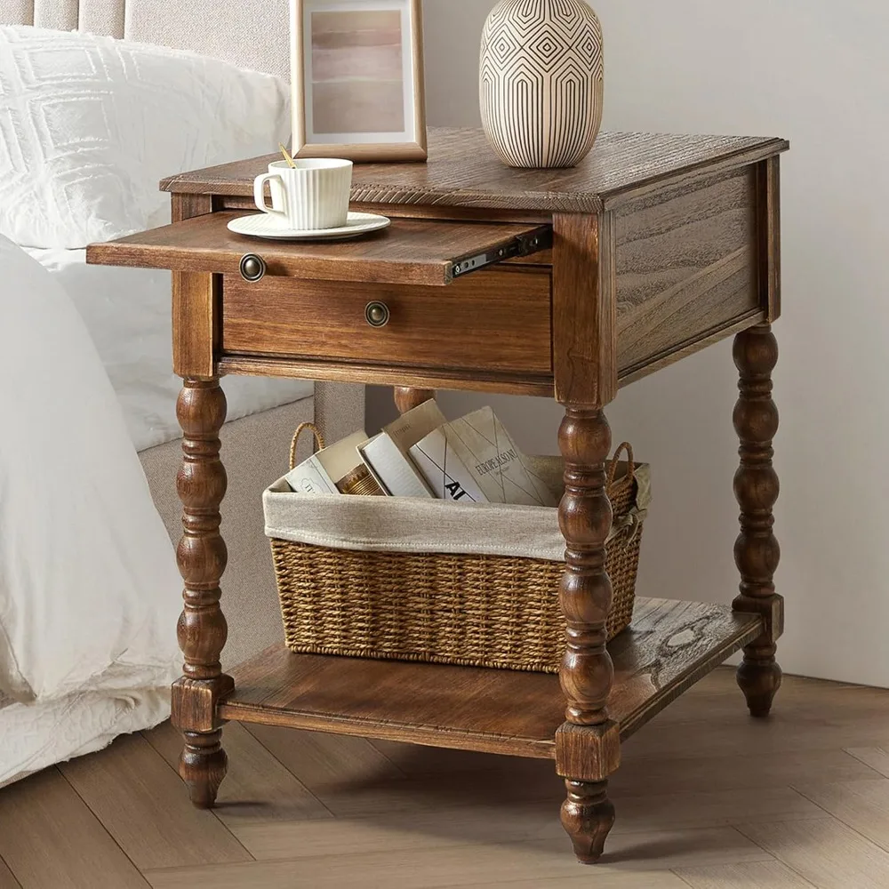 

Nightstands With Charging Station, Solid Wood Nightstand With Drawer Shelf, Side Table With Pull-out Shelf