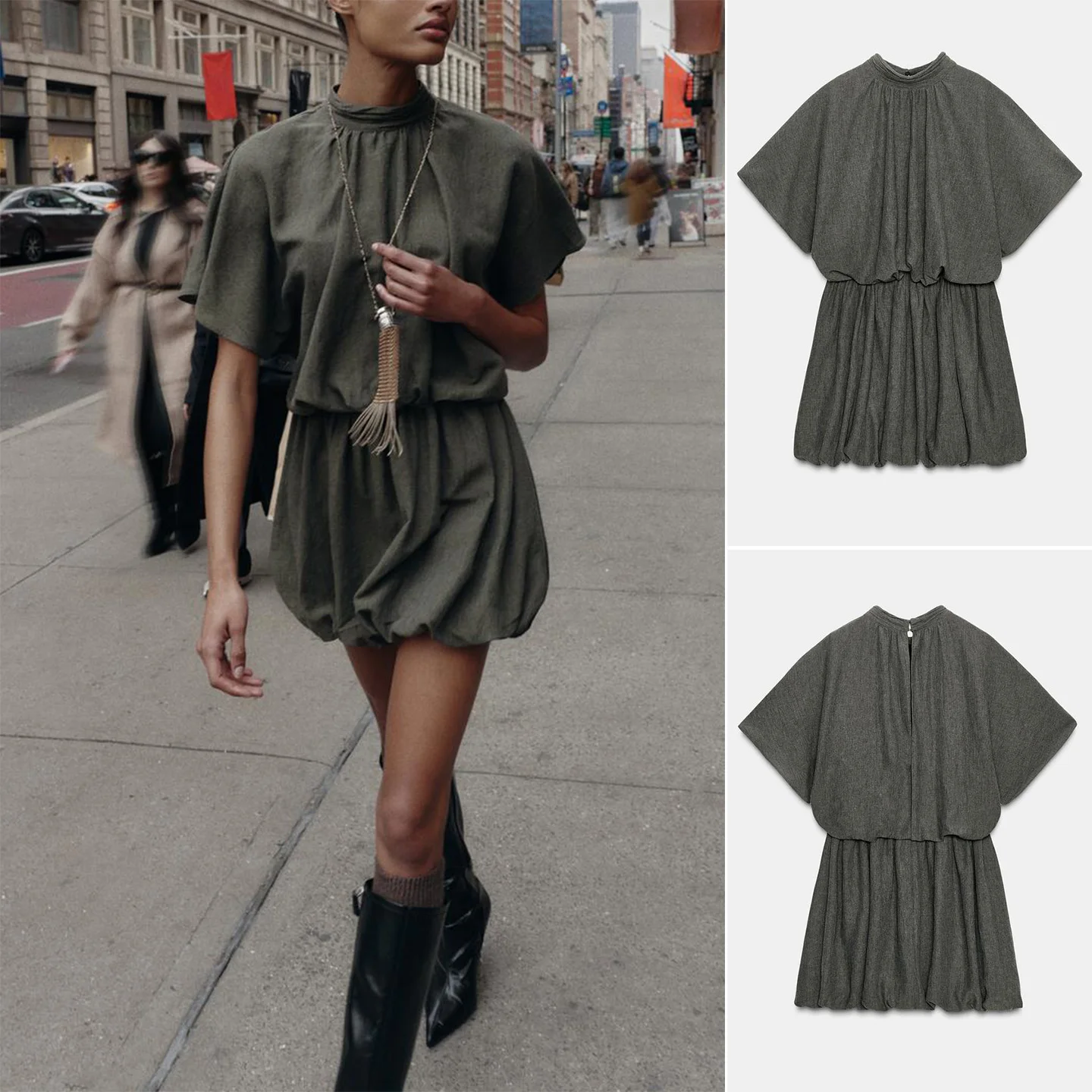 Vestido  Casual F de Inverno com Gola Alta, Manga Curta, Camadas em Camadas, Estilo de Vestido de Baile, Poliéster...