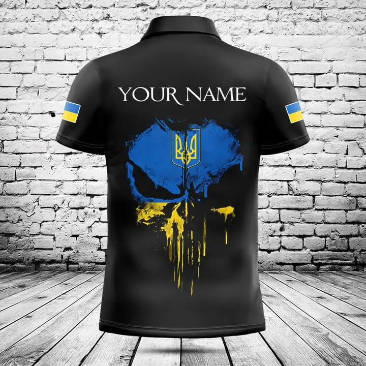 Camiseta Polo con Gráfico de Calavera y Bandera de Ucrania, Personalizable con Nombre, Estilo Urbano, para Hombre, Verano, Moda, Esports, Manga Corta