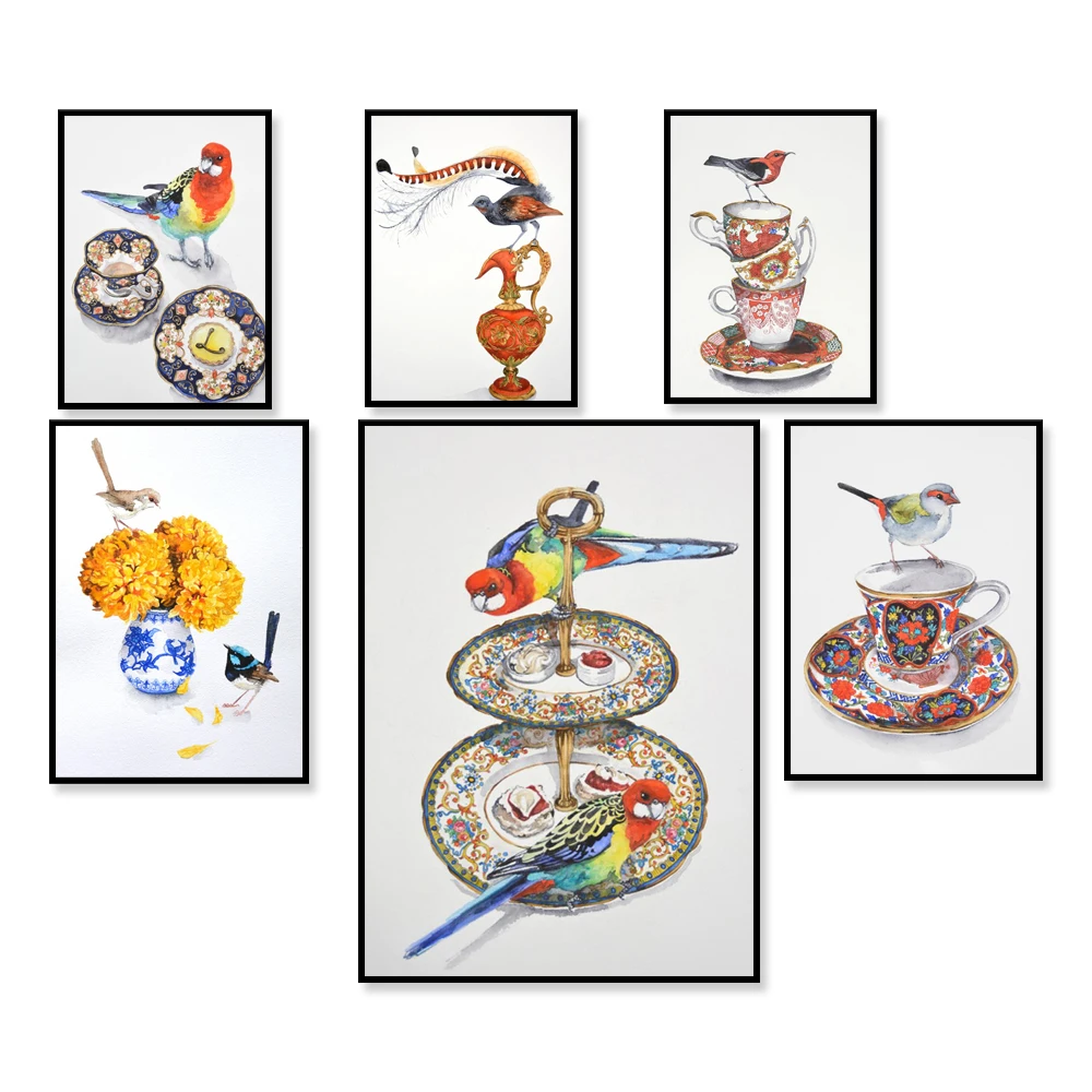 chinoiserie watercolor vase, plate, kettle oriental art, animals, chinoiserie vase watercolor floral art willow style poster