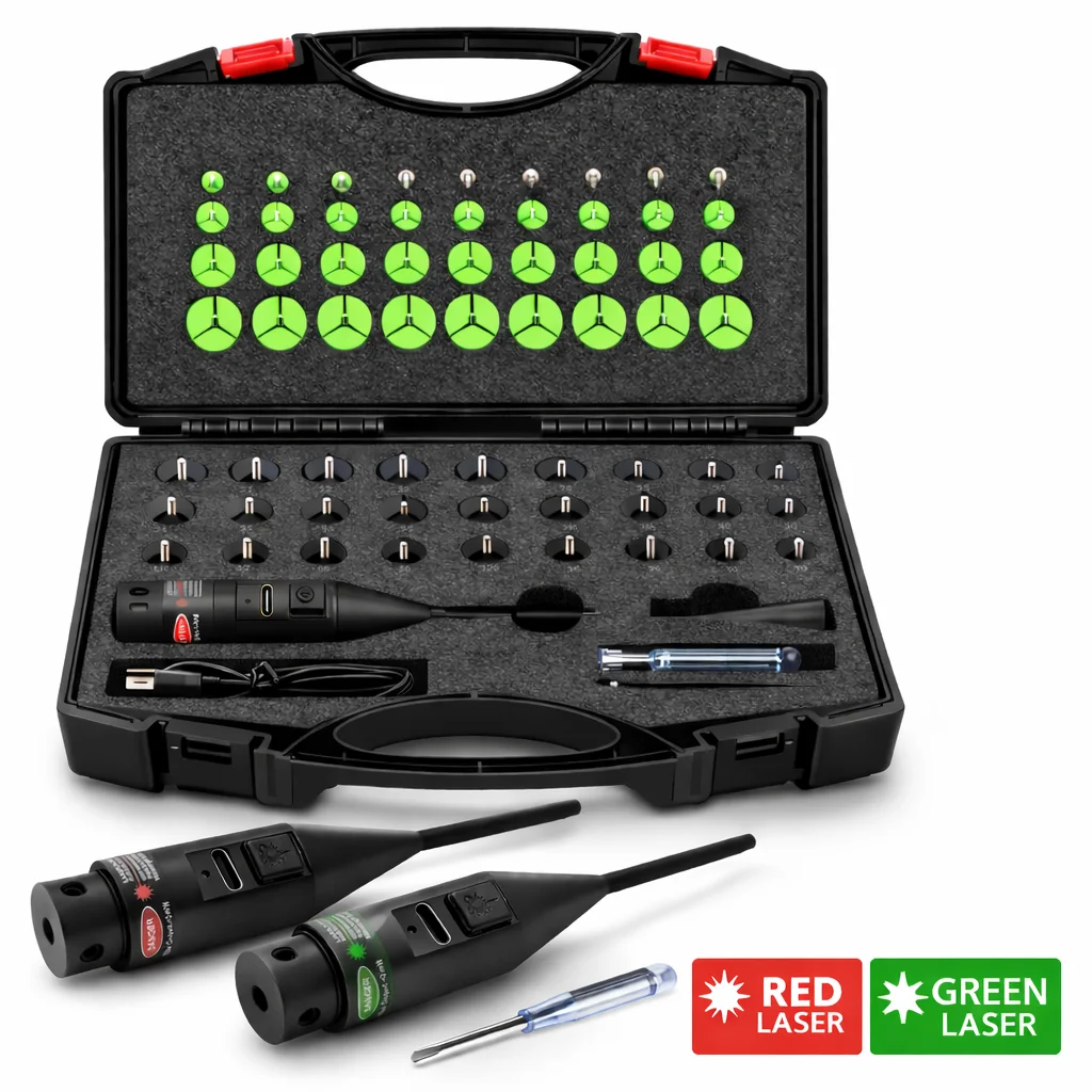 

Laser Boresigher Kit 64 Adapters USB Rechargeable .177 .22 to 12GA Tactical Laser Collimator Boresighter Upgraded Version