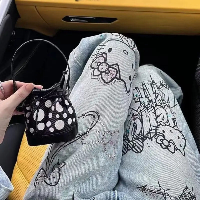 

Anime Hello Kitty Spring Women's Retro Graffiti Printed Jeans with High Waist and Slim Straight Leg Wide Leg Design Pants Gift