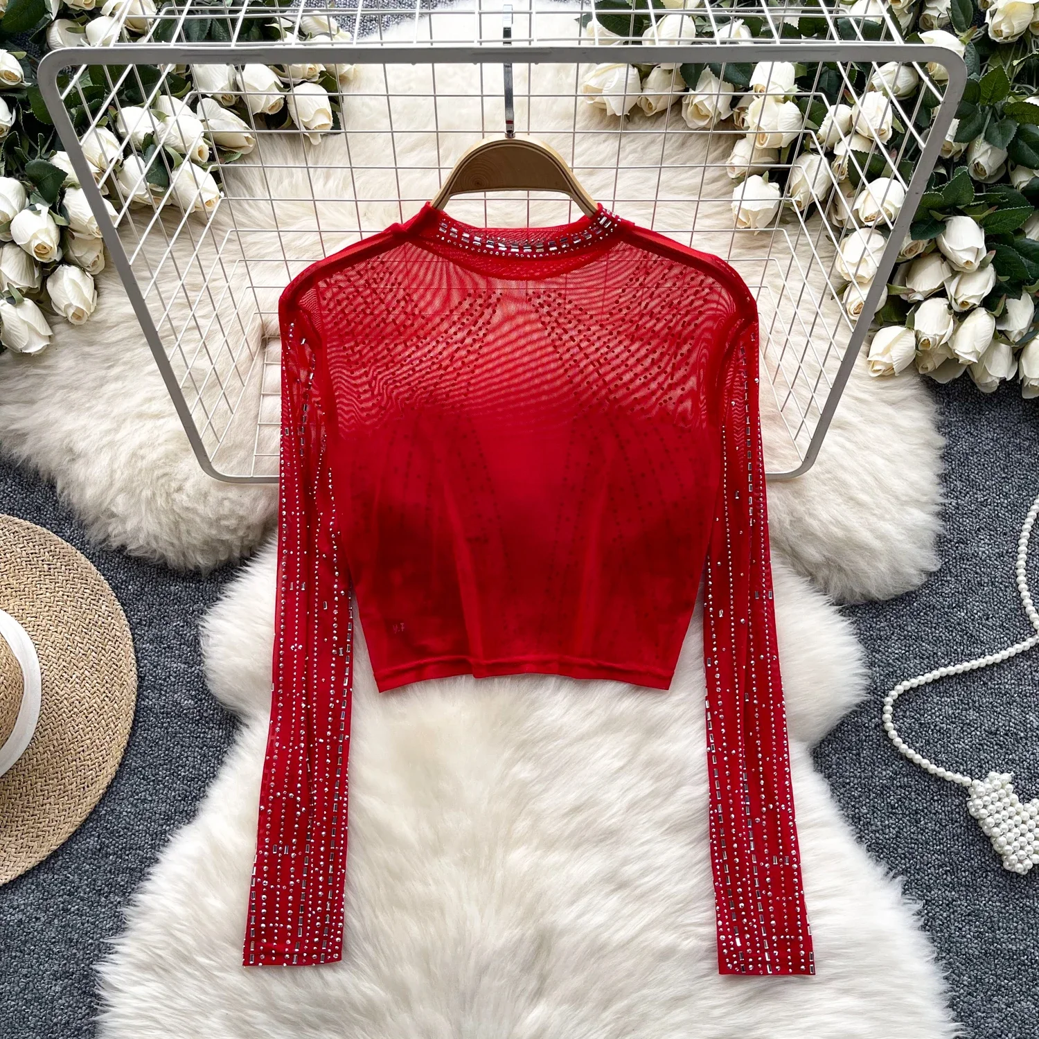 2025แฟชั่นHotsweetฤดูร้อนตาข่ายเสื้อยืดผู้หญิงครึ่งเปิดคอเพชรSheer Slimเซ็กซี่StreetwearบางCrop Tops