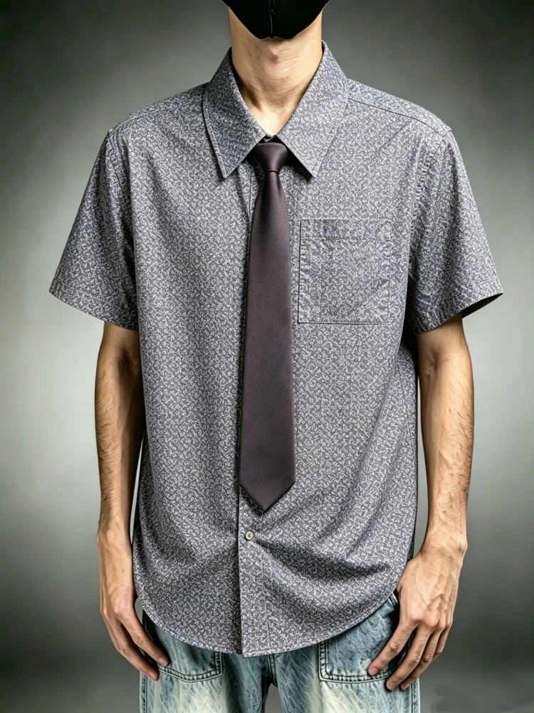 

Mens Office Shirt With Tie Chest Pocket Grey Business Casual Print Dark Tie Summer Daily Workwear Smart Casual Shirt