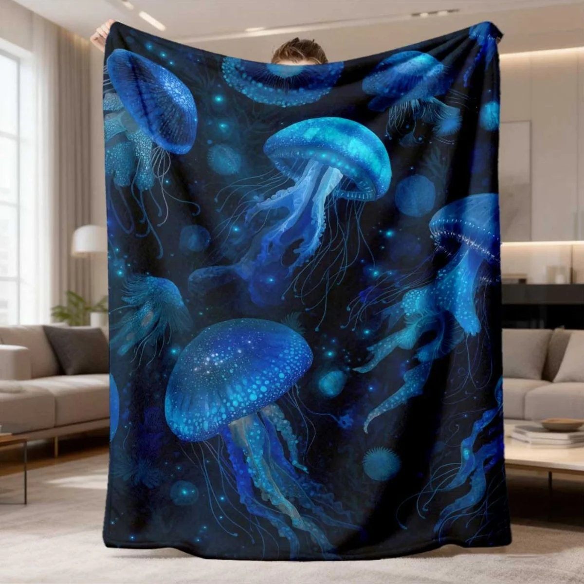 Magical Luminous Jellyfish Flannel Blanket Lightweight Warm Plush Throw Blanket Decorative Blanket Bedroom Living Room Travel