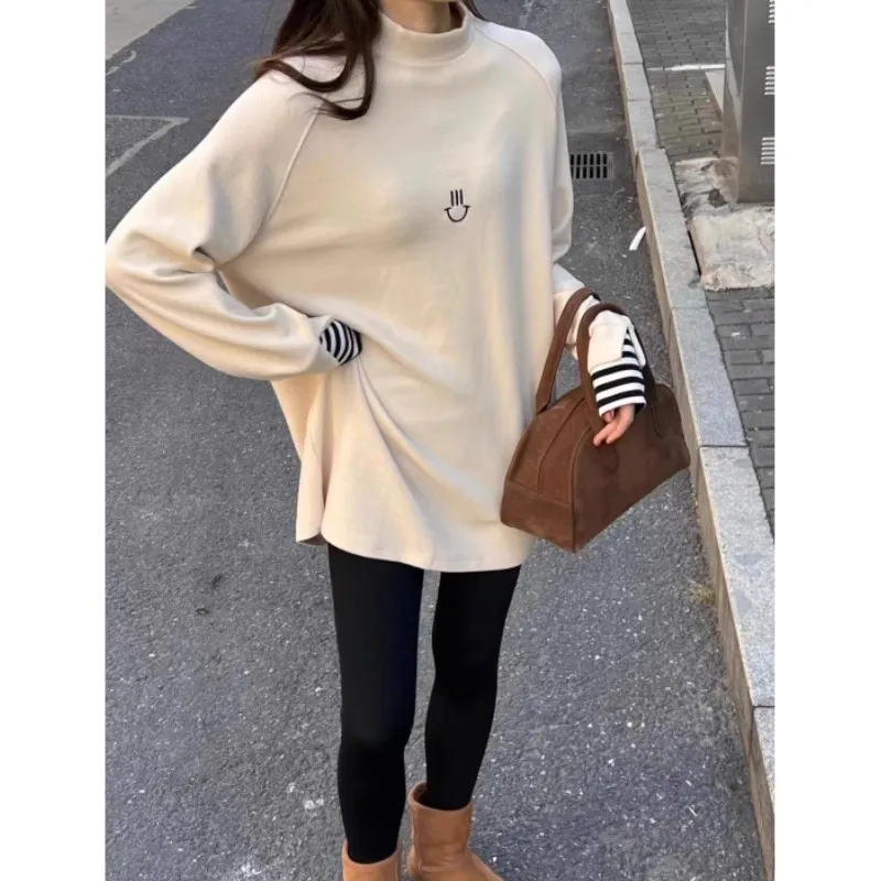 Bottom Shirt Women's Inner Tops Autumn and Winter Loose Smiley Face Grinding Wool Thickened Medium-length Long-sleeved T-shirt