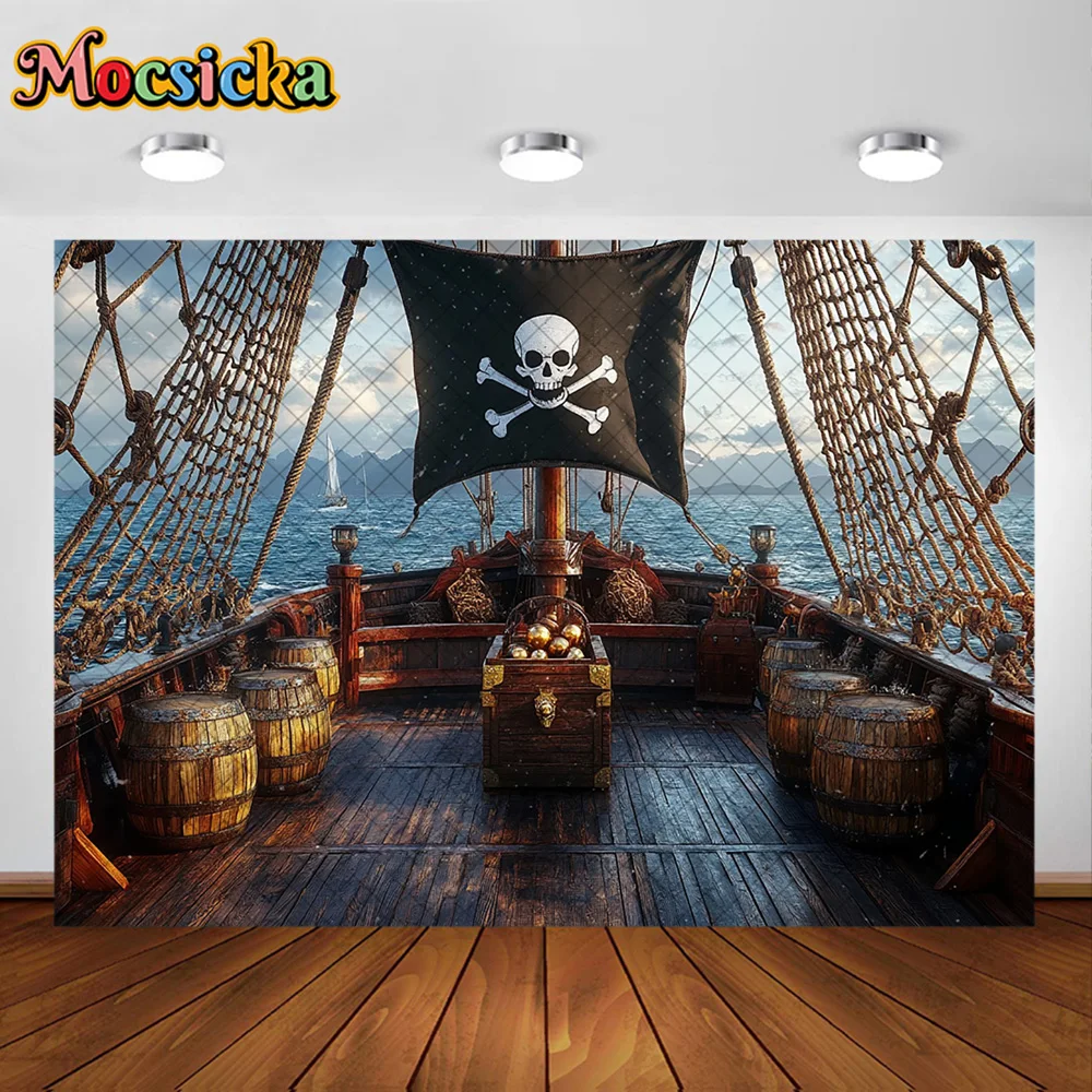 Mocsicka Photography Backdrop Pirate Ship Barrel Octopus Decoration Newborn Baby Shower 1st Party Backgrounds For Photographs