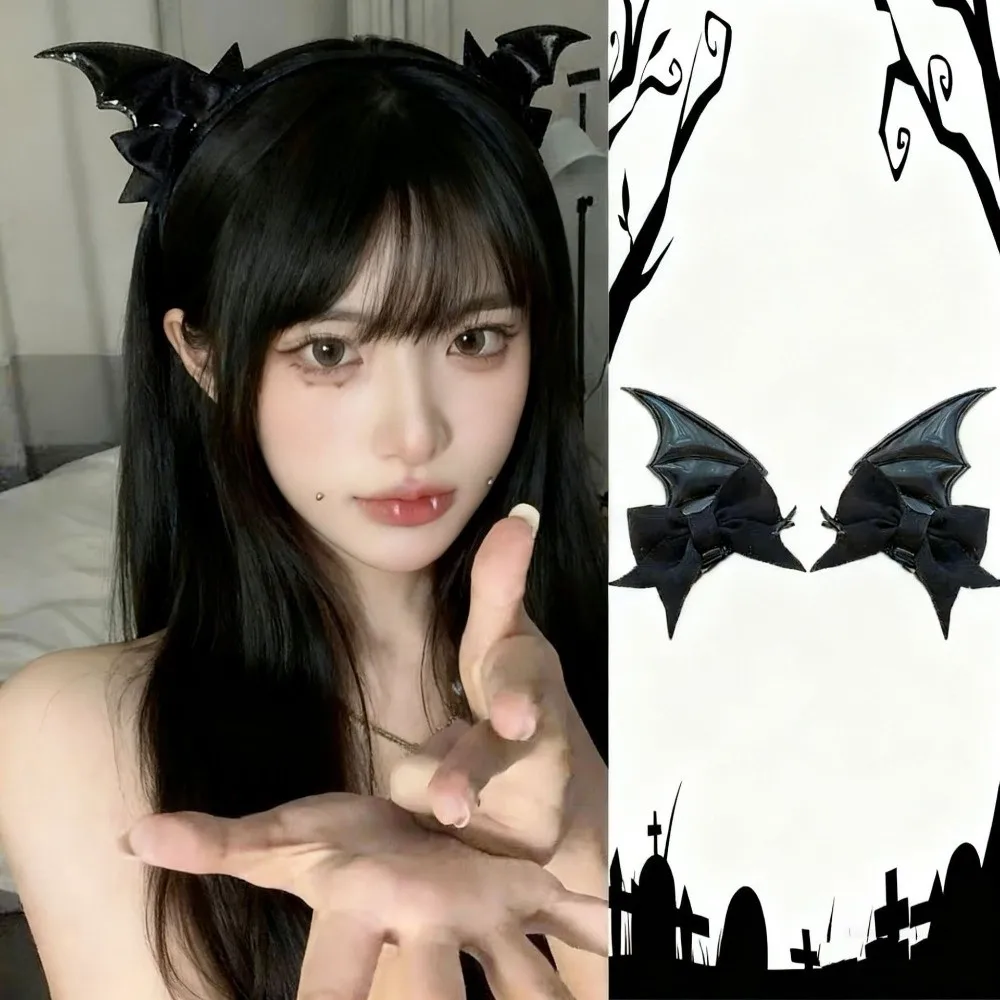 2 Pcs Funny Bow Halloween Hairpins Y2K Lolita Style Bat Wings Hair Clips Headwear Gothic Style Devil Horn Hair Clips Party Wear
