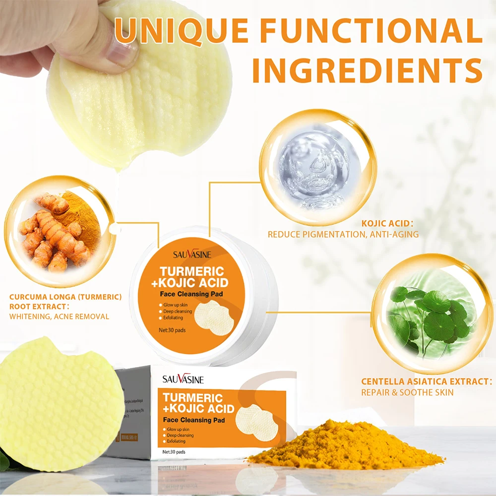 30pcs Turmeric Kojic Acid Cleansing Pads Face Cleanser Pad Gentle Dirt Removal Facial Deep Cleaning Skin Lightening Soap