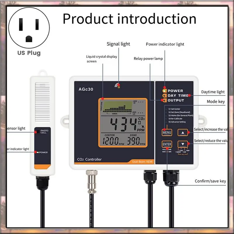 BAAZ HOT Agc30 Controller di CO2 intelligente Sensore di CO2 NDIR a doppio canale Rilevatore di anidride carbonica giorno notte per serra Spina americana