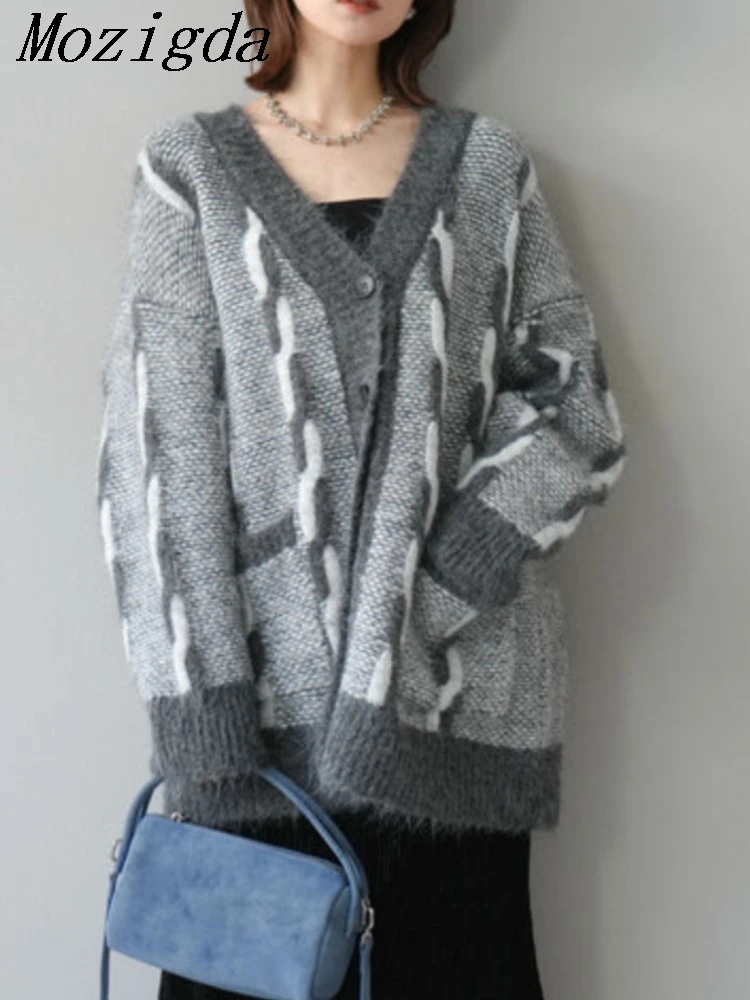 

Long Sleeve New V-Neck Women's Knitted Jacket Color Block Design Fashionable Open Cardigan Top Quality Material Ultra