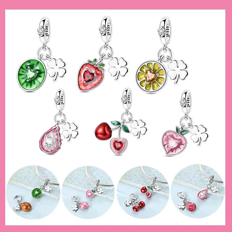 

Подвески в виде клевера из стерлингового серебра 925, бусины, киви, фрукты, клубника, вишня, мед, персик, лимон, подвески, подходят для оригинального браслета, ювелирные изделия своими руками