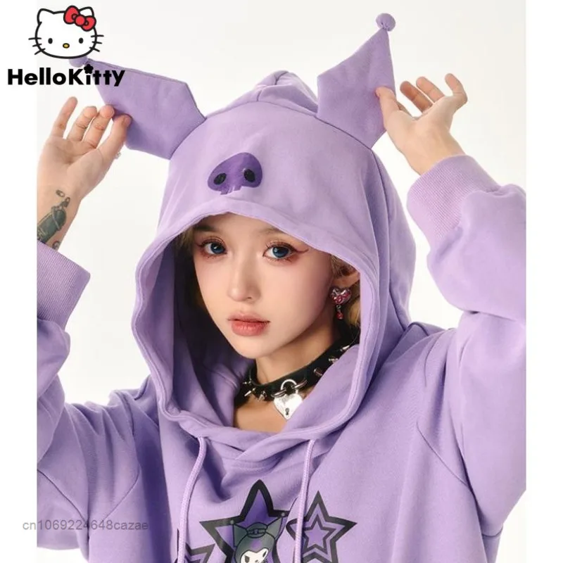 Sanrio Kuromi Little Devil Hoodie Girls Printed Student 2022 New Autumn Thin Harajuku Style Tops Korean Casual Clothes For Women