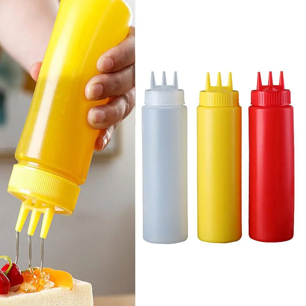 New Plastic Squeezing Sauce bottle Graduated 3 Nozzles Squeeze Bottles Condiment Sauces Jam Container