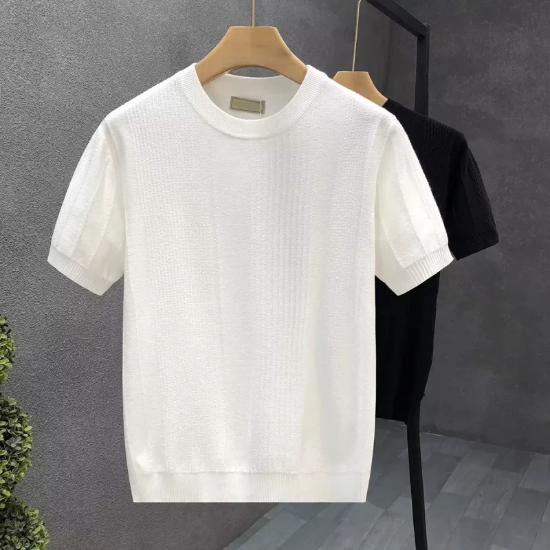 

White Jacquard Short Sleeve Sweater Men'S Spring Autumn Thin Base Shirt Men'S Trendy Fashion Half Sleeve Knitted Shir