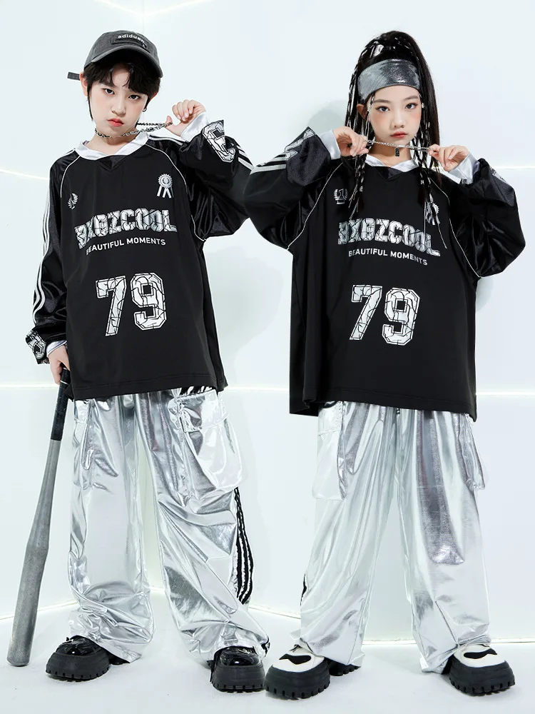 Street Dance Kids Hip Hop Clothing Girls Boys Black Long Sleeves T Shirt Silver Pants Casual Rave Clothes Loose Practice Wear