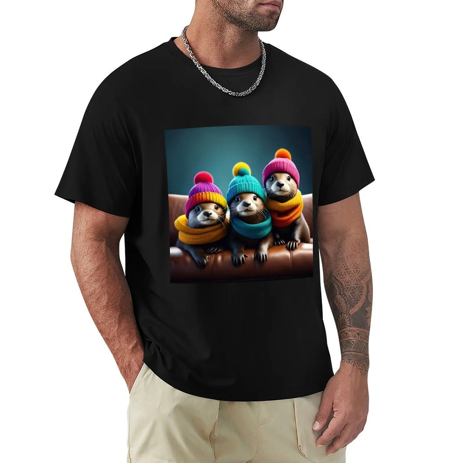 Three Cute Otters on a Couch T-Shirt Trendy Pattern T-Shirt for Men