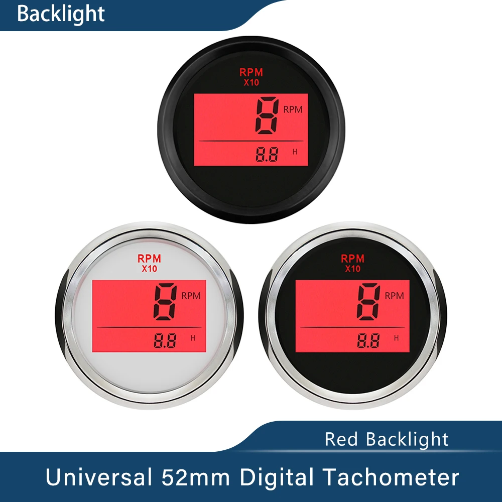 New Marine 52mm Digital Tachometer Car Truck Boat Tacho Gauge with Hourmeter Waterproof 0-999RPM with Red Backlight