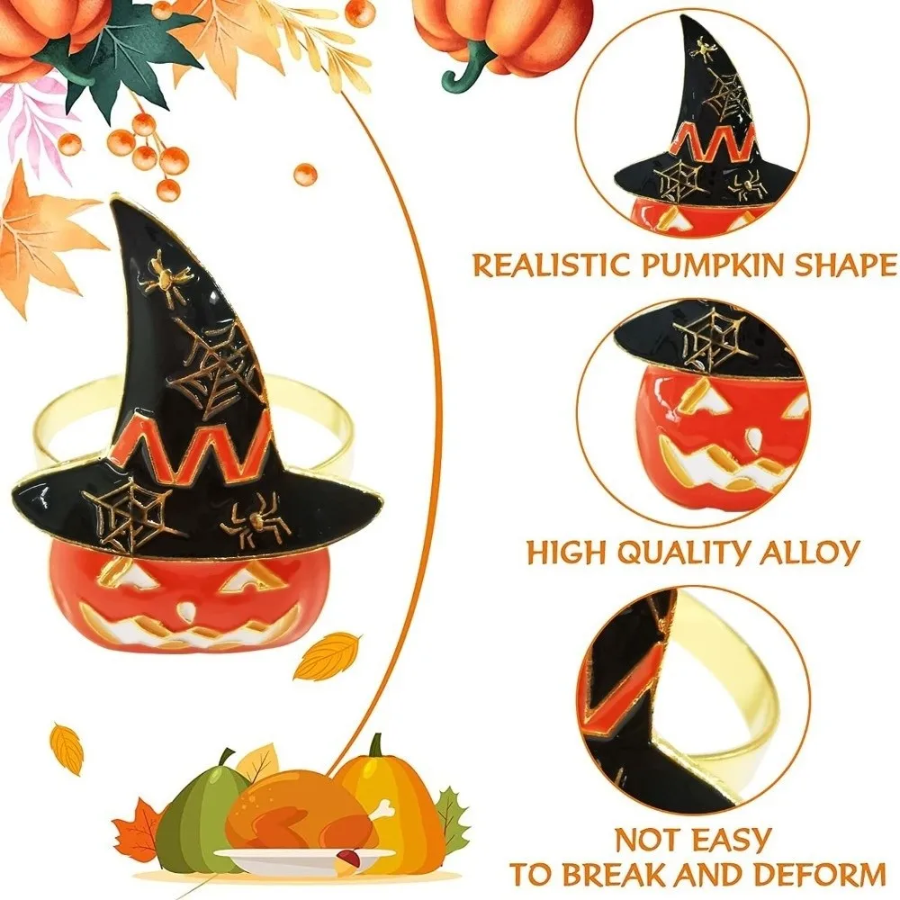 6pcs Enamel Metal Pumpkin Napkin Ring Smooth Edge Vibrant Orange Witch Hat Buckle Reusable Durable Base Halloween Table Decor