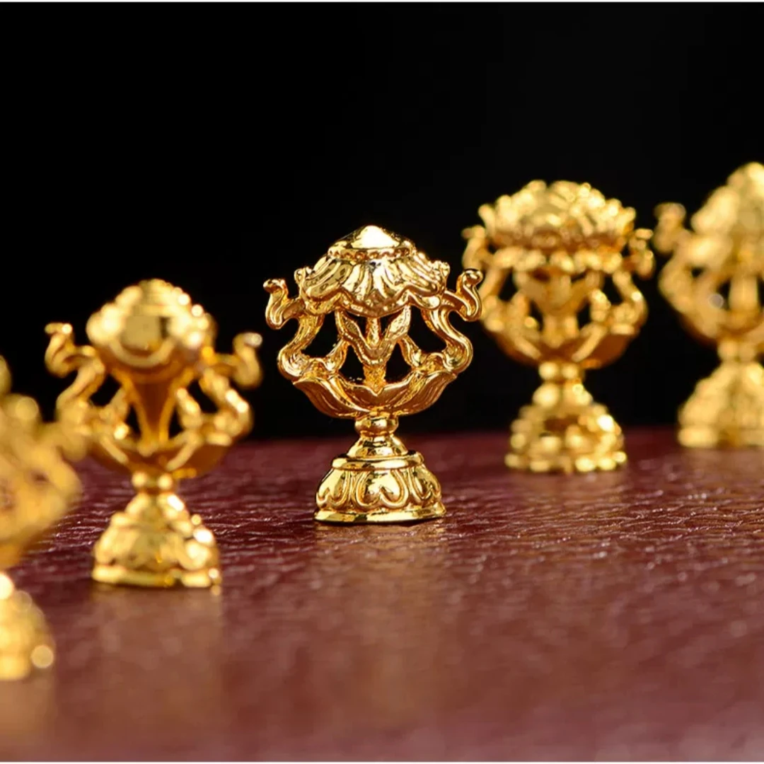 Mini Copper Gilded Tibetan 8 Auspicious Symbols 7 Treasures 5 Offerings Set for Buddha Statue Stupa Filling