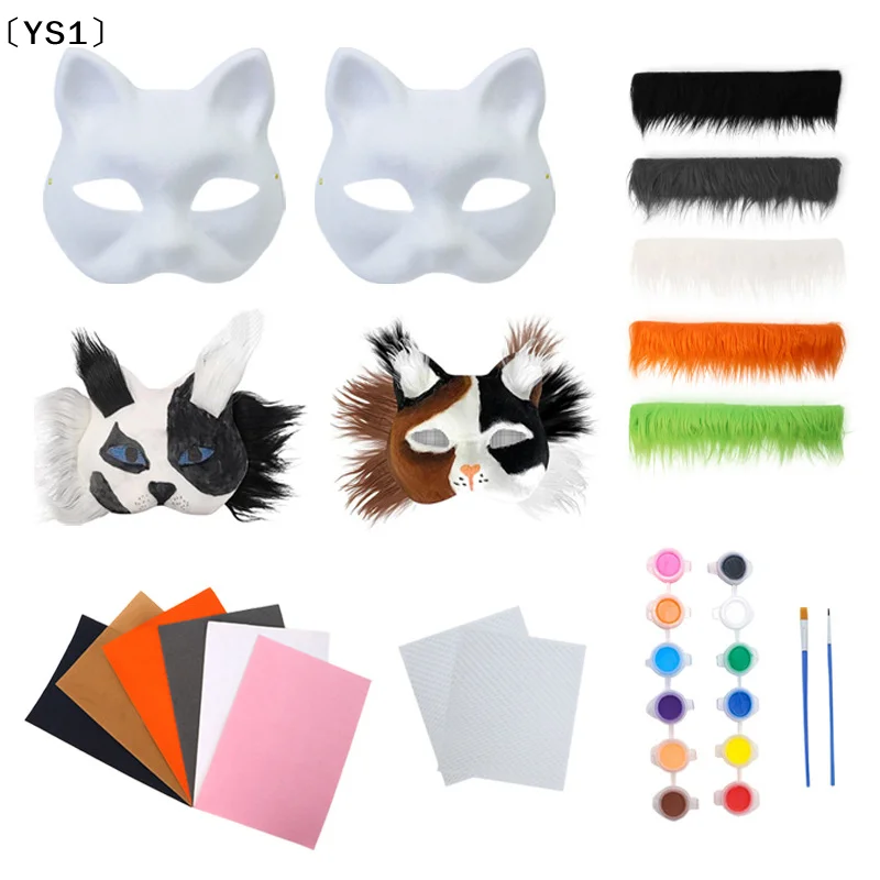 〔YS1〕3Pcs DIY Handmade Graffiti Half Face Mask Therian Mask Kit Blank Half Face Animal Cat Fox Mask Party Gifts