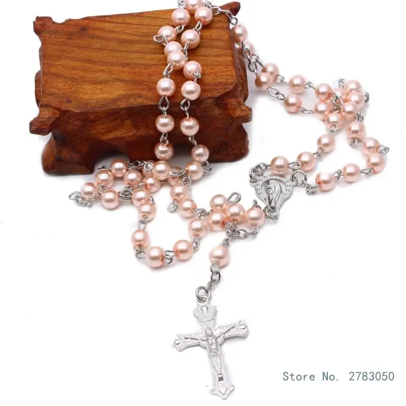 6mm Pink/Blue/Beige Pearl Cross Rosary Necklaces Bead Hangable Pendant Charm for Women Men Praying Meditation Gift Supplies