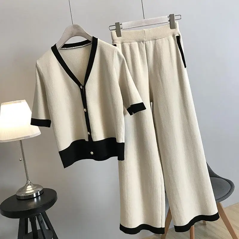 

Spring Summer Office Lady Simplicity Patchwork Two-piece Suit Ladies Fashion V-neck Short Sleeve Wide Leg Pants Matching Sets