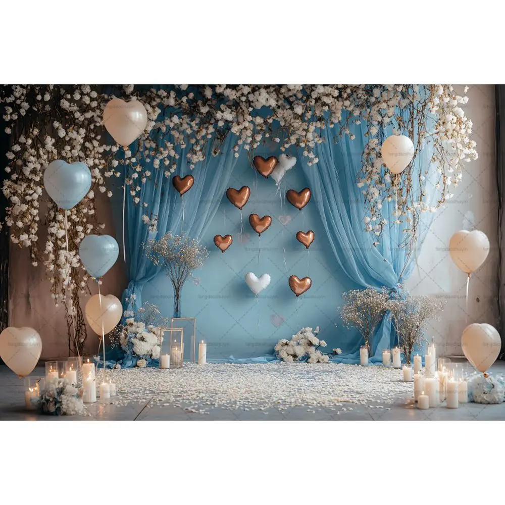 San Valentino tende blu oro amore sfondo floreale ragazza decorazione festa di compleanno forniture per studio fotografico