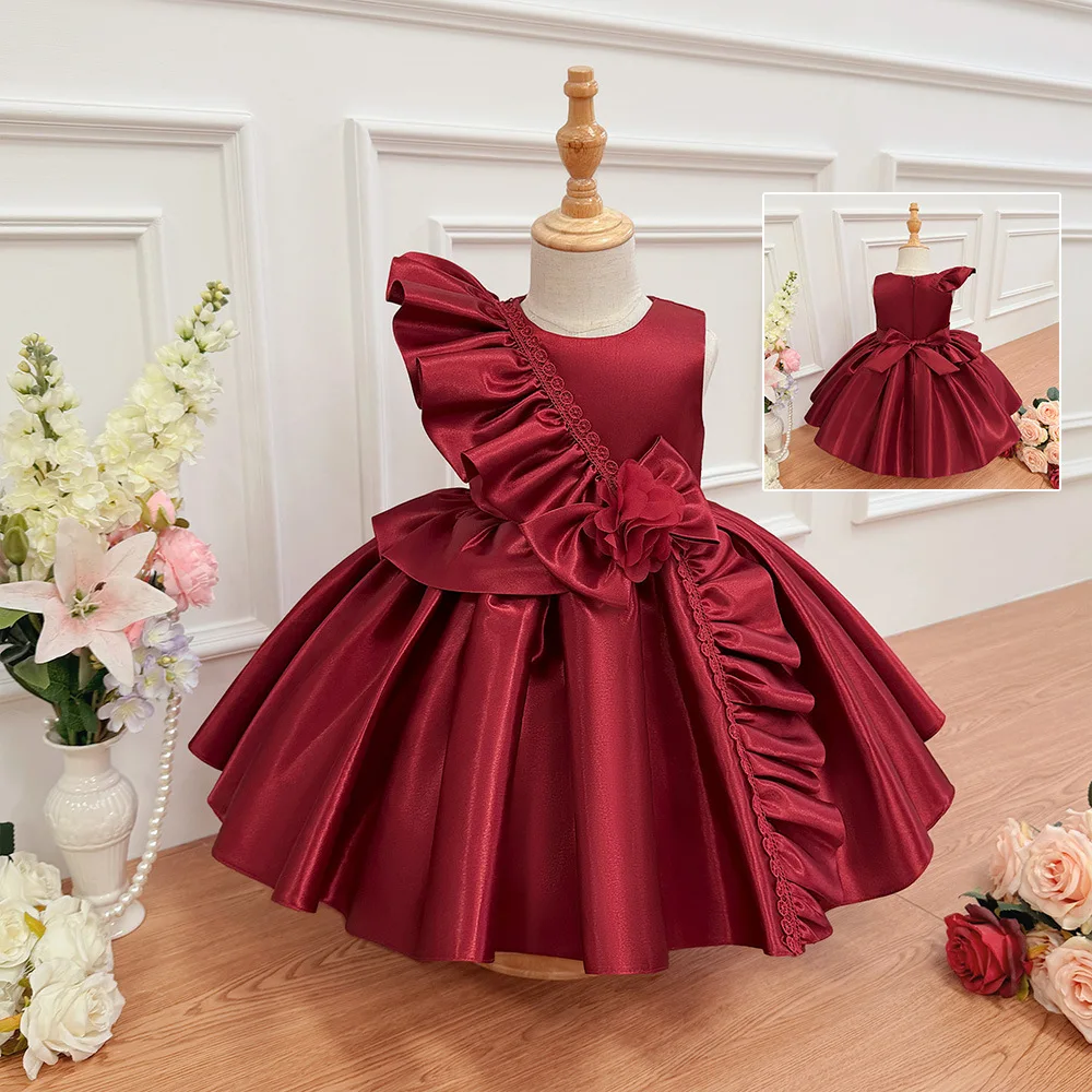 2026 New Baby Summer Infant Girls Boutique Wine Red Dress, Princess Kids Sweet Fashion Party Dress 0-3 T