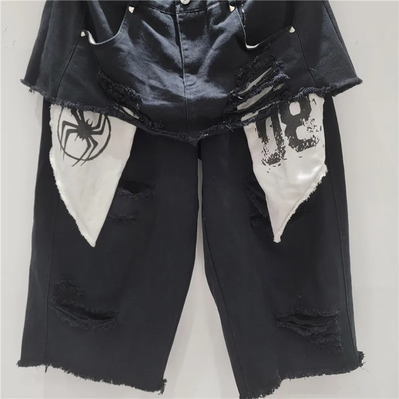 Street Style Design Patchwork Fake Two-Piece Color-Block Denim Cropped Pants American High Street Loose Ripped Straight Pants