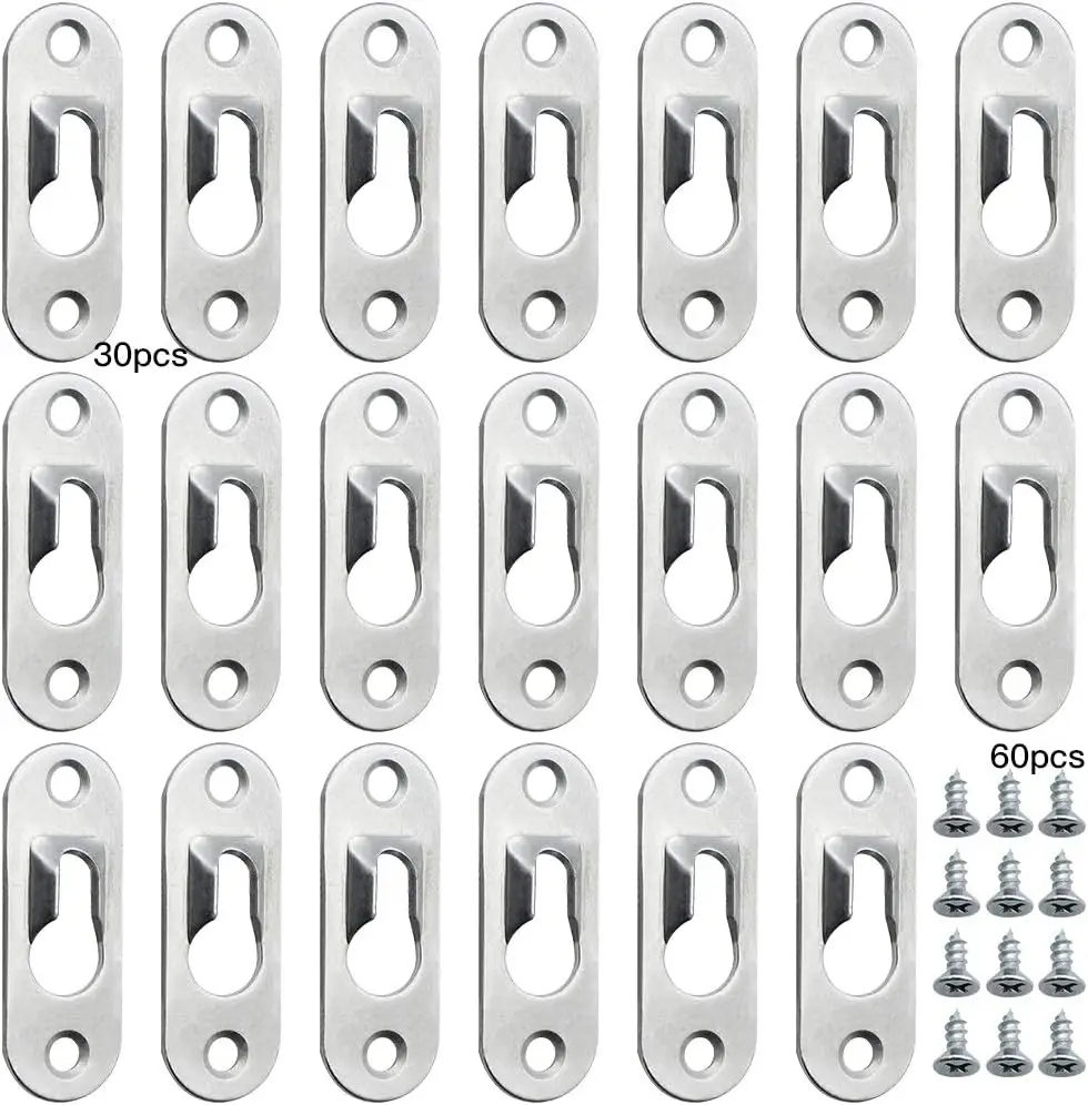 30pcs Silver Keyhole Hanger Clasps with Screw Panhead Fittings Metal Picture Hanger for Hanging Picture Frame Mirrors 44 x 16 mm