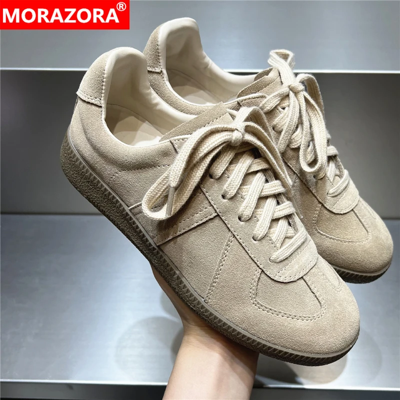 

MORAZORA Ins Hot Cow Suede Leather Women Sneakers Lace Up Apricot Purple Pink