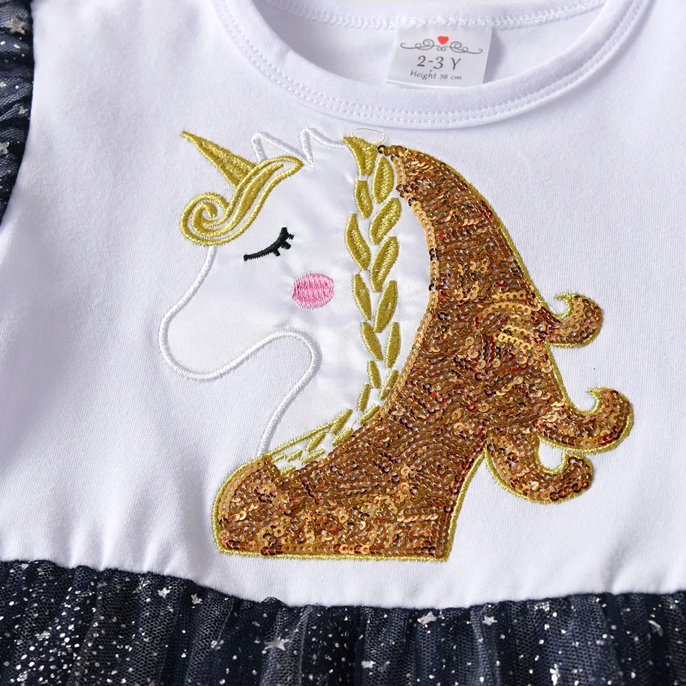 DXTON Sequined Unicorn Children Dresses Irregular Mesh Tutu Skirts Flying Sleeve Princess Dress For Girls Autumn Winter Clothing